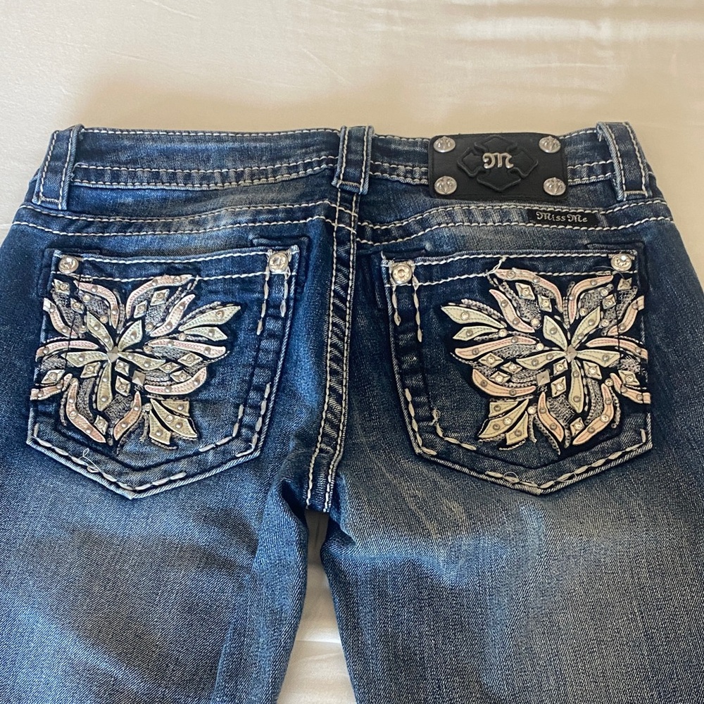 Miss Me Women's Blue Boot Cut Jeans with Intricate Silver Accents